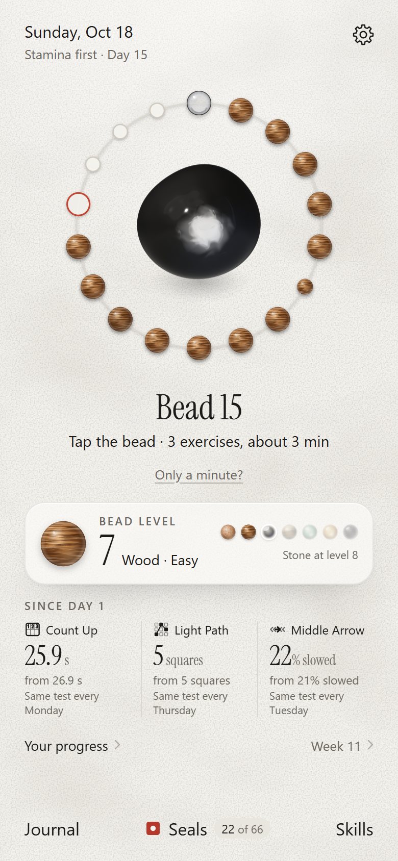 Bead's Home screen: a strand of wooden beads around a large ink drop, Bead 15, and the three exercises for today.